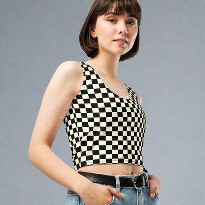Retro Checkerboard Crop – All - Over Print Y2K Tank Top - Crop Tank