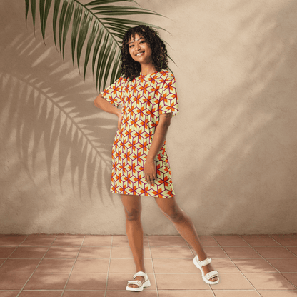 Retro Geometric T-Shirt Dress – Oversized Vintage Mod Dress in Warm Sunset Colors