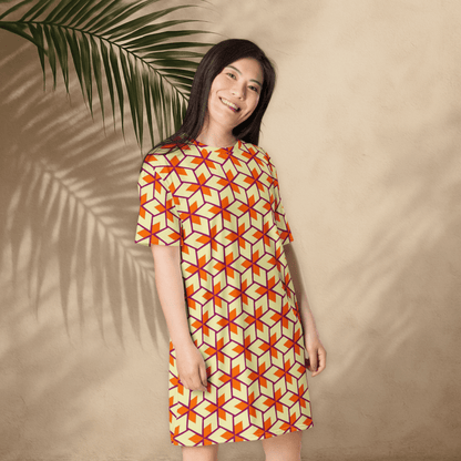 Retro Geometric T-Shirt Dress – Oversized Vintage Mod Dress in Warm Sunset Colors