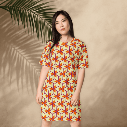 Retro Geometric T-Shirt Dress – Oversized Vintage Mod Dress in Warm Sunset Colors