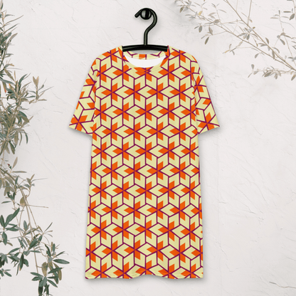 Retro Geometric T-Shirt Dress – Oversized Vintage Mod Dress in Warm Sunset Colors