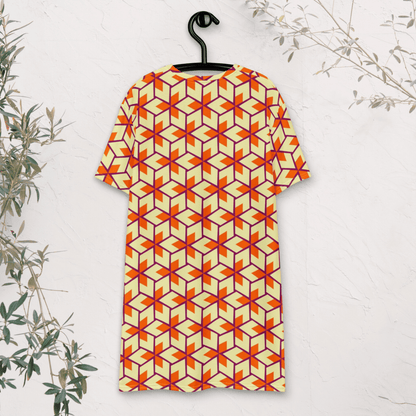 Retro Geometric T-Shirt Dress – Oversized Vintage Mod Dress in Warm Sunset Colors
