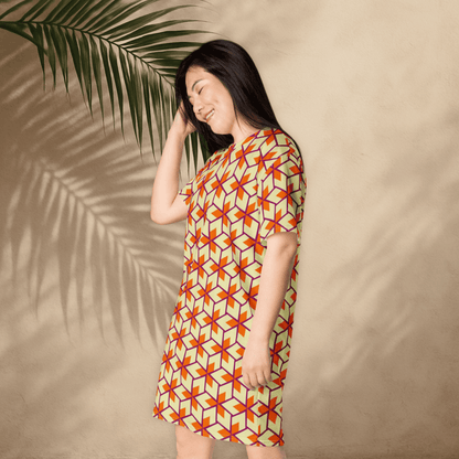 Retro Geometric T-Shirt Dress – Oversized Vintage Mod Dress in Warm Sunset Colors