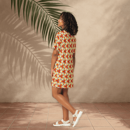 Retro Geometric T-Shirt Dress – Oversized Vintage Mod Dress in Warm Sunset Colors