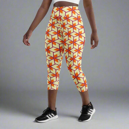 Retro Geometric Yoga Capri Leggings - FieldHouse Designs - Capri Leggings