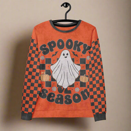 Halloween-themed sweatshirt with ghost and pumpkins design on a hanger