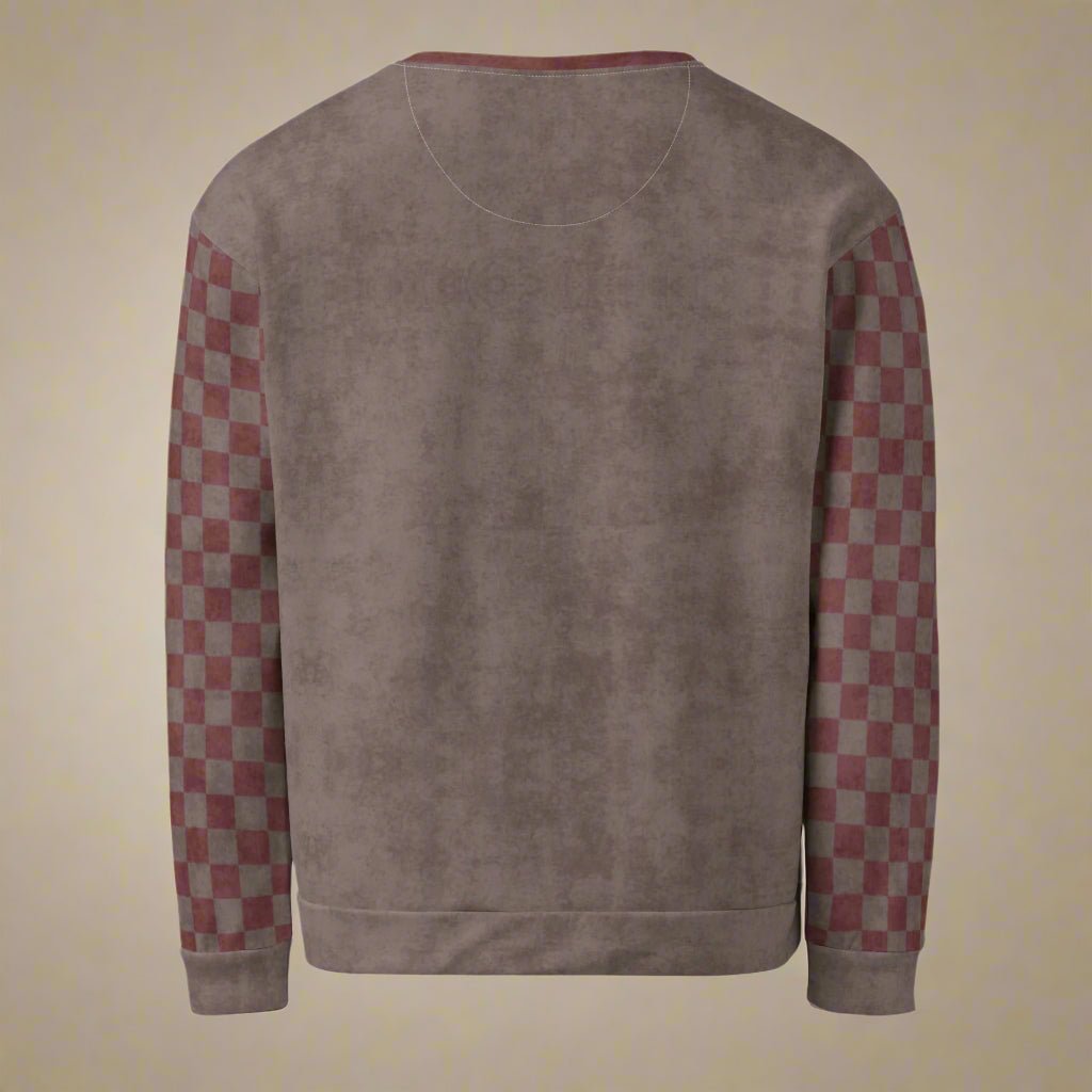 espresso sweatshirt with checkered sleeves on a neutral background