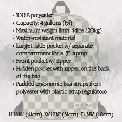 Backpack with checkered pattern and specifications listed on a textured gray background