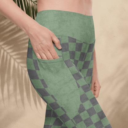 Green and gray checkered pants with a beige background