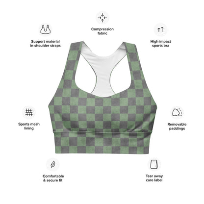Green and gray checkered sports bra with feature icons on a white background