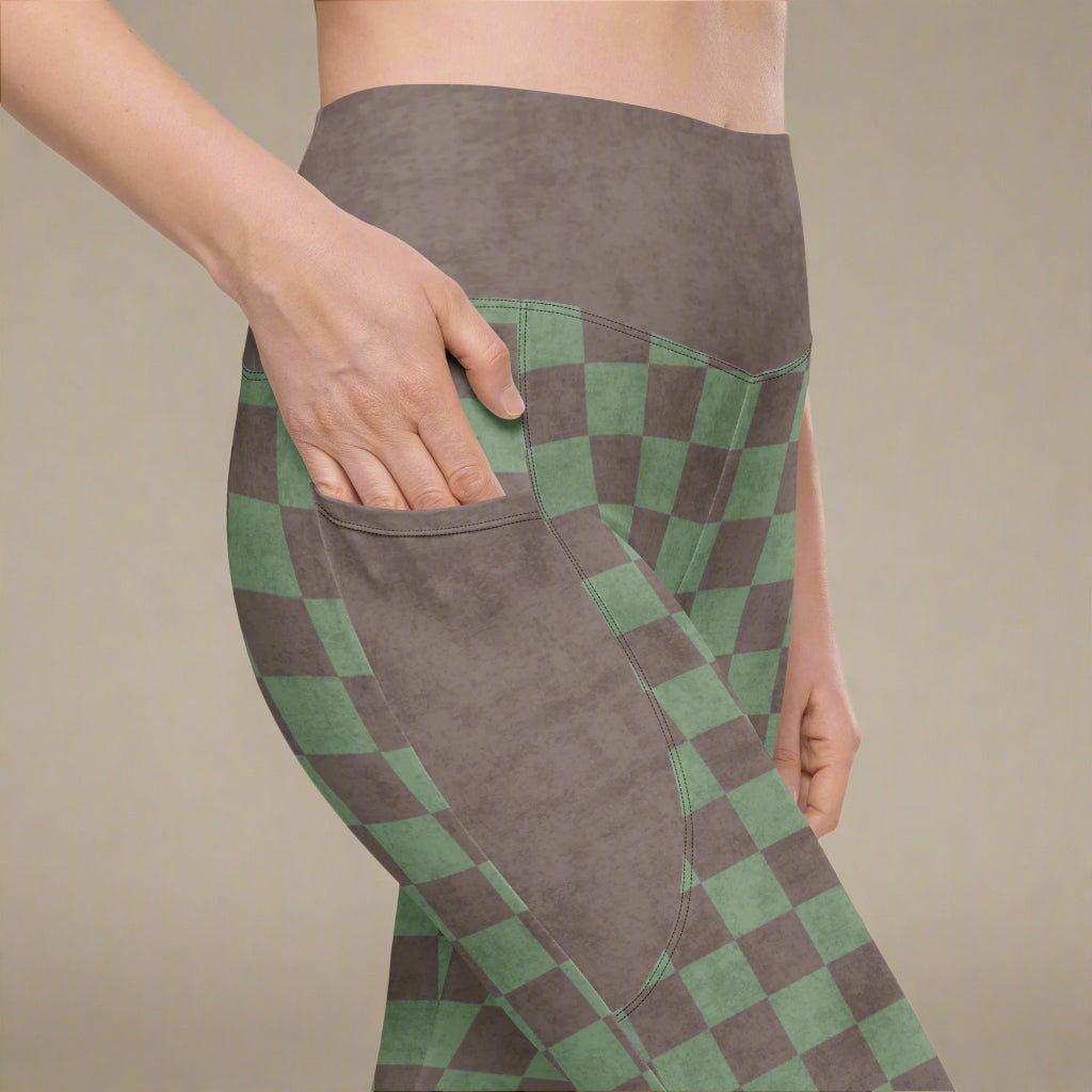 Green and espresso checkered pants with a beige background