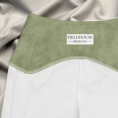 Green waistband with 'Fieldhouse Designs' label on a beige background
