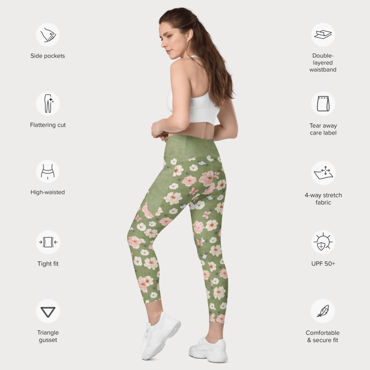 Woman wearing green floral leggings with product features listed on a white background