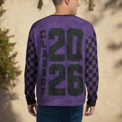 Purple checkered sleeve sweatshirt with 'Class of 2026' text on the back, worn by a person.