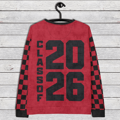 Red sweatshirt with 'Class of 2026' text on a wooden background