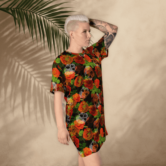 Skulls and Roses T-Shirt Dress – Gothic Oversized Floral Dress with Dark Alt Vibes