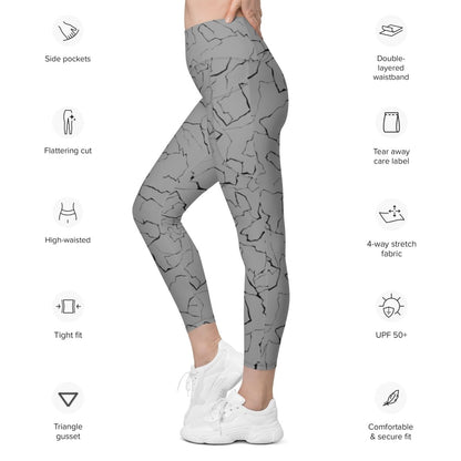 Gray patterned leggings with features listed on a white background