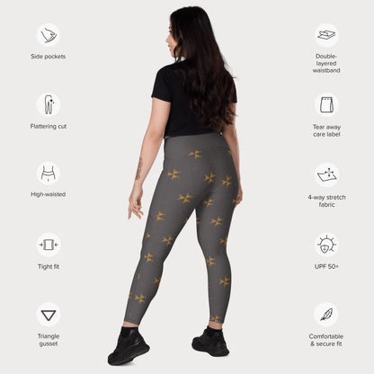 Woman wearing gray leggings with yellow patterns, surrounded by feature icons on a white background.