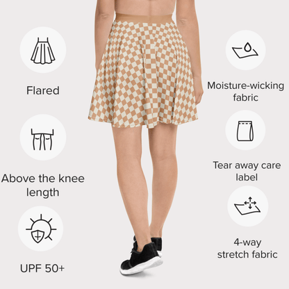 Woman wearing a checkered skirt with product features listed on a white background