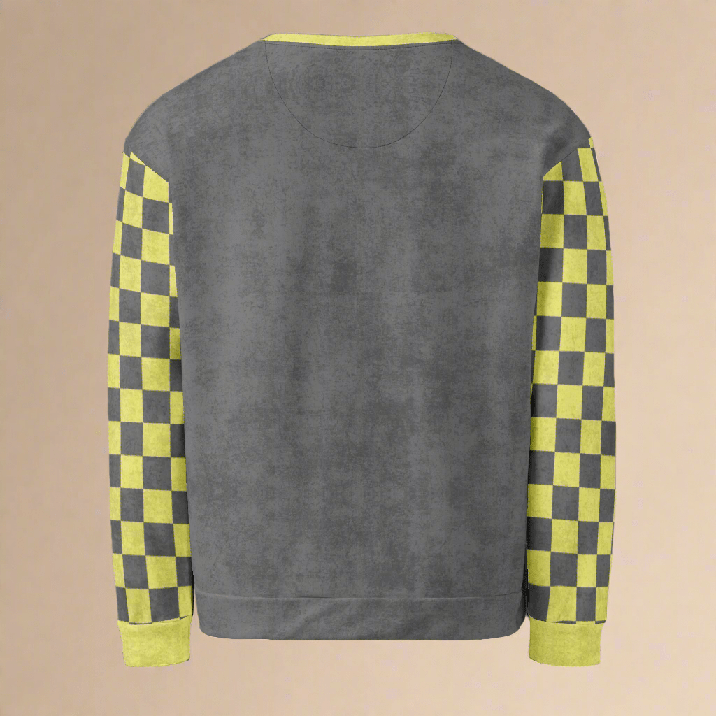Gray sweatshirt with checkered sleeves on a beige background