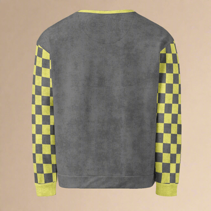 Gray sweatshirt with checkered sleeves on a beige background