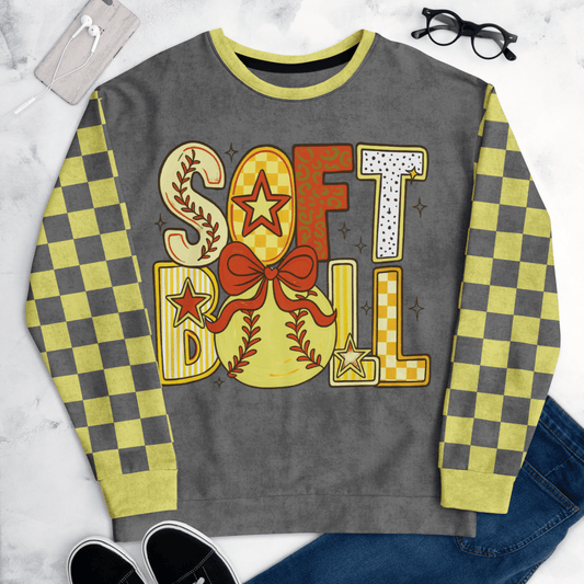 Gray sweatshirt with checkered sleeves and 'SOFTBALL' design on a marble surface.