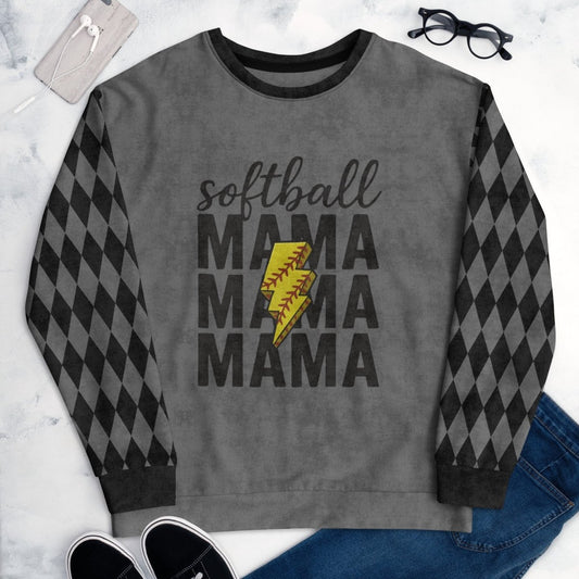 Gray sweatshirt with 'softball MAMA MAMA MAMA' text and yellow lightning bolt design on a light gray background.