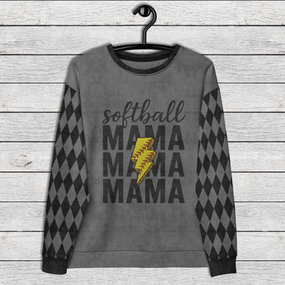 Gray sweatshirt with 'softball MAMA MAMA MAMA' text and yellow softball graphic on a wooden background