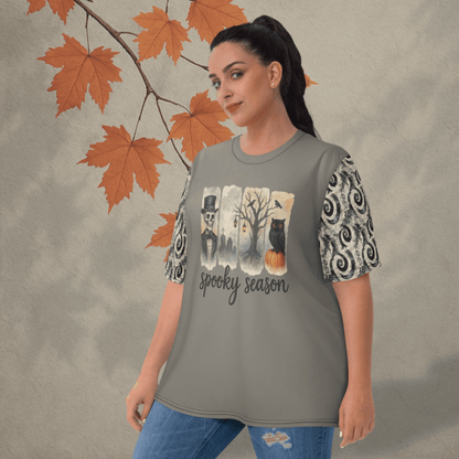 Spooky Season Women’s Halloween Tee | Skeleton & Owl Shirt with Swirl Sleeves