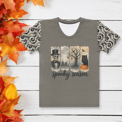 Spooky Season Women’s Halloween Tee | Skeleton & Owl Shirt with Swirl Sleeves