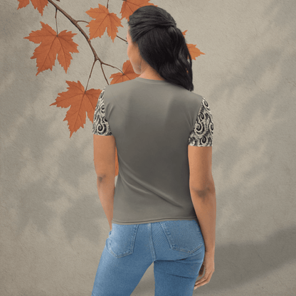 Spooky Season Women’s Halloween Tee | Skeleton & Owl Shirt with Swirl Sleeves