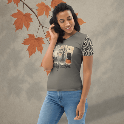 Spooky Season Women’s Halloween Tee | Skeleton & Owl Shirt with Swirl Sleeves