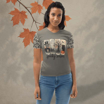 Spooky Season Women’s Halloween Tee | Skeleton & Owl Shirt with Swirl Sleeves