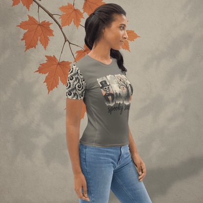 Spooky Season Women’s Halloween Tee | Skeleton & Owl Shirt with Swirl Sleeves