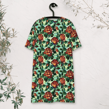 Stained Glass Rose T-Shirt Dress – Oversized Floral Fantasy Dress with Gothic Cottagecore Style - T-Shirt Dress