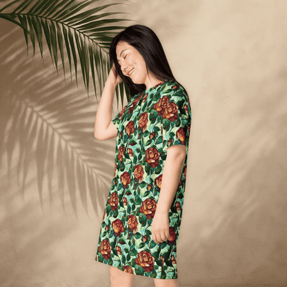 Stained Glass Rose T-Shirt Dress – Oversized Floral Fantasy Dress with Gothic Cottagecore Style - T-Shirt Dress