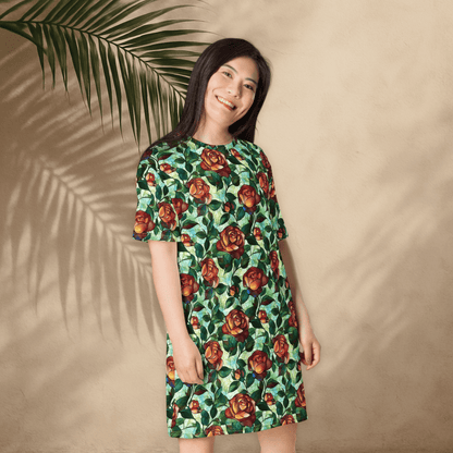 Stained Glass Rose T-Shirt Dress – Oversized Floral Fantasy Dress with Gothic Cottagecore Style - T-Shirt Dress