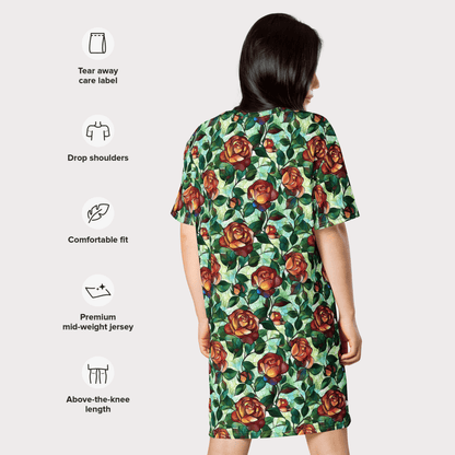 Stained Glass Rose T-Shirt Dress – Oversized Floral Fantasy Dress with Gothic Cottagecore Style