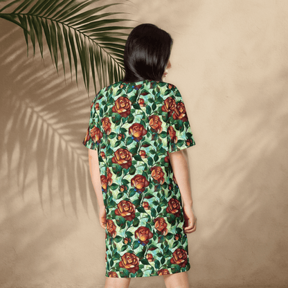 Stained Glass Rose T-Shirt Dress – Oversized Floral Fantasy Dress with Gothic Cottagecore Style - T-Shirt Dress