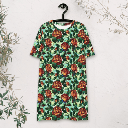 Stained Glass Rose T-Shirt Dress – Oversized Floral Fantasy Dress with Gothic Cottagecore Style - T-Shirt Dress