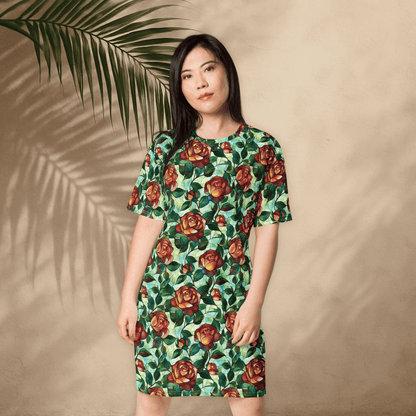 Stained Glass Rose T-Shirt Dress – Oversized Floral Fantasy Dress with Gothic Cottagecore Style - T-Shirt Dress
