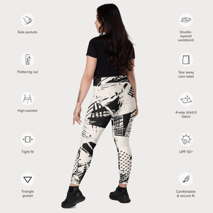 Woman wearing black and white patterned leggings with feature icons on a white background