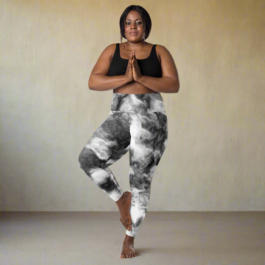 model wearing White Tie-Dye High-Waisted UPF 50+ Pocket Leggings 2XS–6XL - Monochrome Recycled Yoga Pants