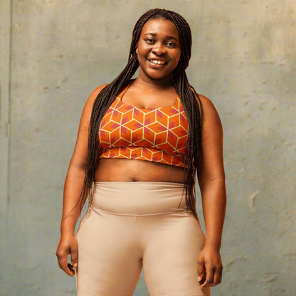 orange geometric sports bra