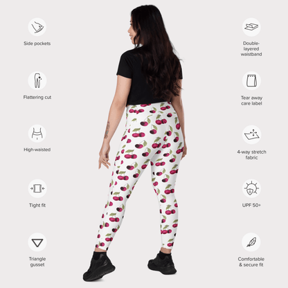 Woman wearing cherry-patterned leggings with feature icons on a white background