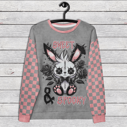 Sweet & Spooky Bunny Crewneck Sweatshirt – Grey Gothic Pink Checkered Sleeve Pullover