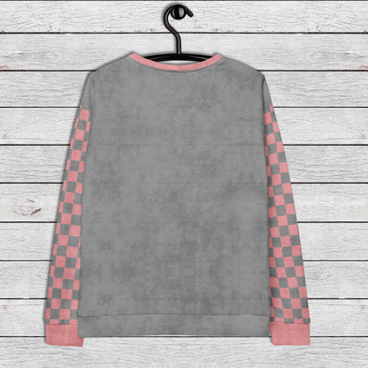Sweet & Spooky Bunny Crewneck Sweatshirt – Grey Gothic Pink Checkered Sleeve Pullover