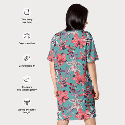 Teal and Coral Floral T-Shirt Dress – Bold Oversized Botanical Statement Dress