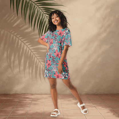 Teal and Coral Floral T-Shirt Dress – Bold Oversized Botanical Statement Dress