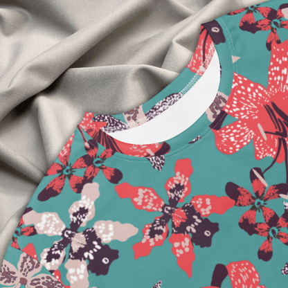 Teal and Coral Floral T-Shirt Dress – Bold Oversized Botanical Statement Dress
